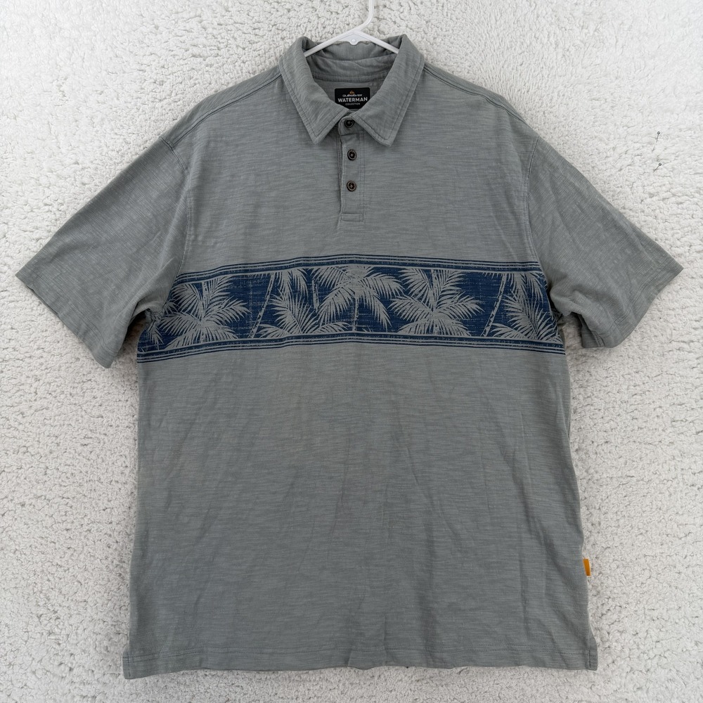 Quiksilver Waterman Polo Shirt Mens XL Gray Palm Tree 100% Cotton Tropical Top